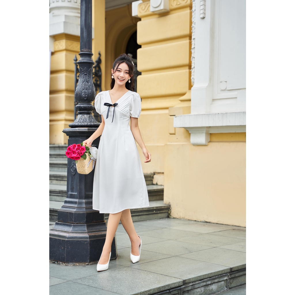 Váy trắng tiểu thư đi tiệc phối cổ nơ sang choảnh trắng li ngực đính nơ yv05 YAME