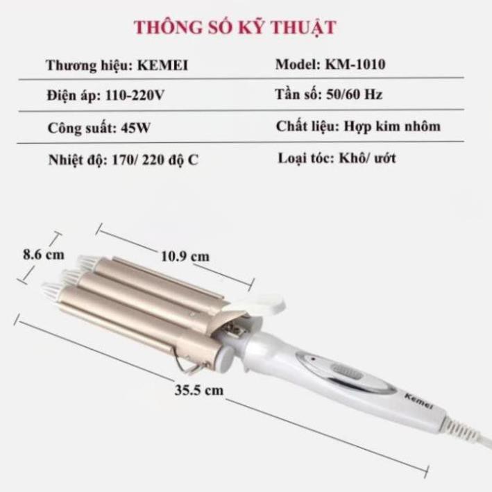 Máy uốn tóc chuyên nghiệp Kemei KM-1010 tiện lợi với 3 trục uốn dùng để uốn xoăn, uốn lọn gợn sóng tạo độ phòng cho tóc