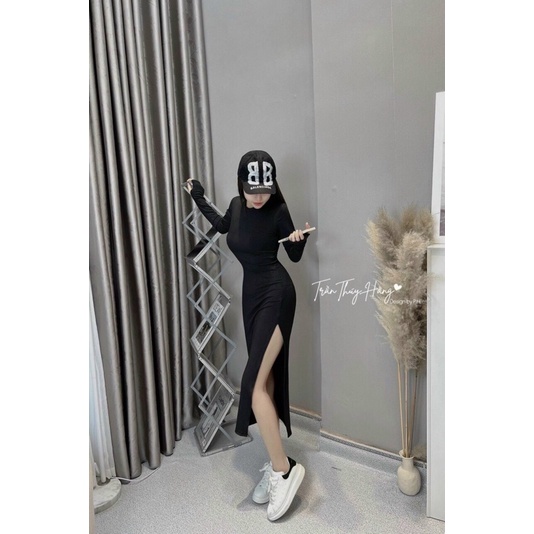 Đầm Ôm Body Tay Dài Xẻ Tà Chất Zip Siêu Tôn Dáng