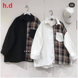 Áo sơ mi nữ phối kẻ nâu caro form rộng dài tay đẹp, áo sơ mi caro form rộng - MAX ONLY
