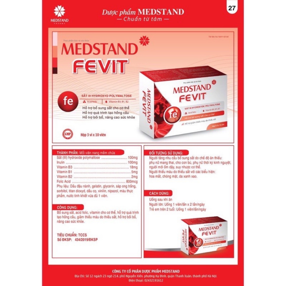 Medstand Fevit - Bổ sung sắt và Acid Folic cho bà bầu, viên bổ máu cho phụ nữ đang mang thai, sau sinh (Hộp 30 viên)
