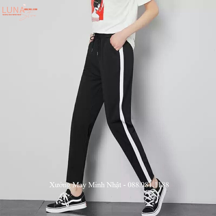 Quần thể thao nữ dáng baggy dài viền sọc trắng vải Umi co dãn dáng quần jogeer dây rút cạp chun mặc đi học làm thể dục