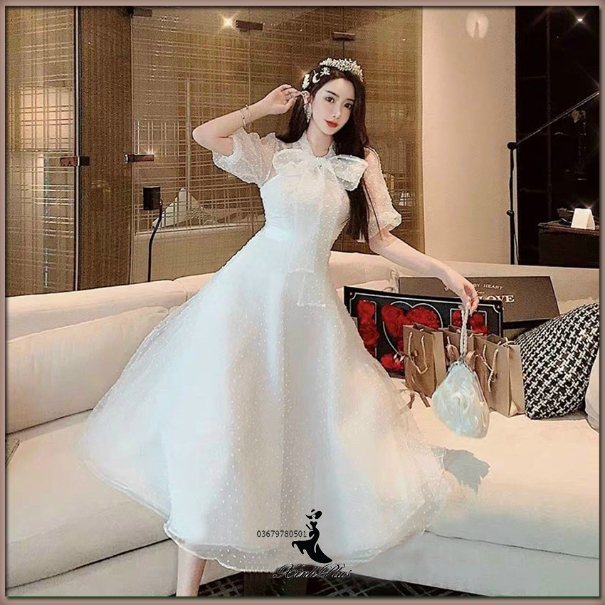 [Freeship 50K] Mẫu hottrend -Đầm xòe trắng tiểu thư công chúa vải lưới bi hàng thời trang thiết kế chất cao cấp may kỹ