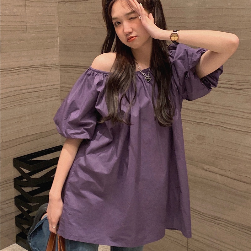 SUXI Áo Kiểu Trễ Vai Tay Phồng Dáng Rộng Màu Trơn Thời Trang Mùa Hè Dễ Phối Đồ Cho Nữ
