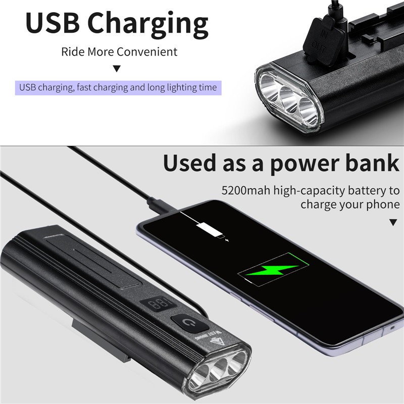 Đèn Pin West Biking Sạc Qua Usb Chống Thấm Nước Ipx6 Cao Cấp Cho Xe Đạp 5200mah 3xxml