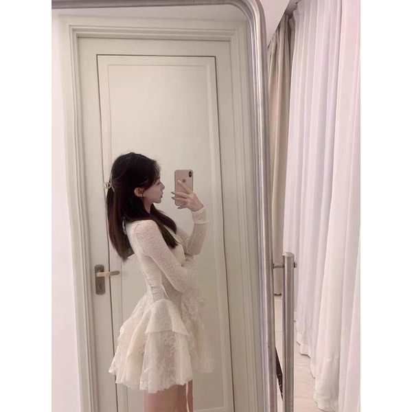 Jane Váy trắng dài tay ren hoa công chúa Pháp ngọt ngào