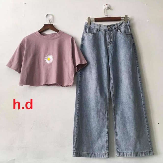 Sét áo croptop hoa cúc in trắng + quần bò ống rộng HĐ12