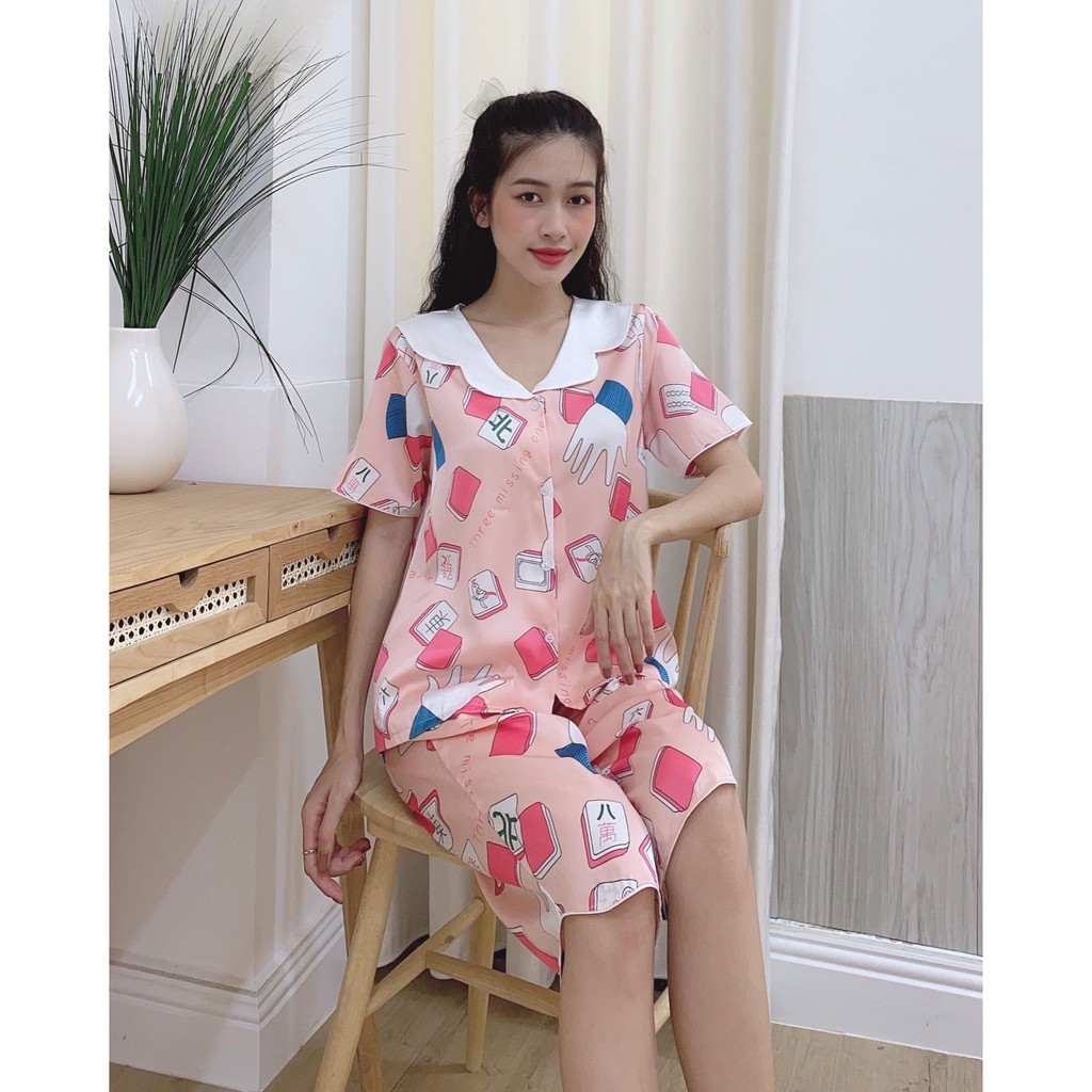Đồ bộ pijama lửng lụa Latin loại 1 cao cấp, bộ mặc nhà nữ dễ thương