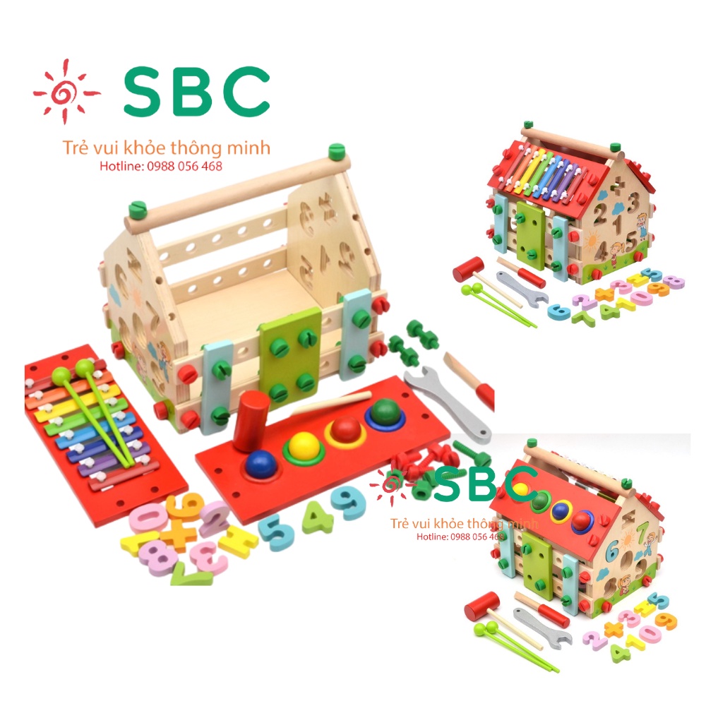 Bộ đồ chơi đa năng 5 trong 1 - lắp ráp ngôi nhà, đập bóng, thả hình, đánh đàn, học số làm toán - Đồ chơi gỗ thông minh
