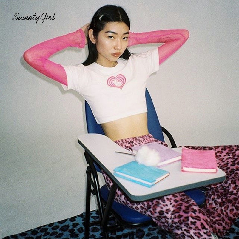 Áo croptop tay ngắn cổ tròn in họa tiết trái tim/thỏ dễ thương thời trang cho nữ