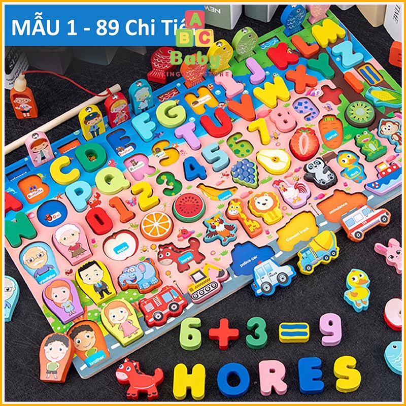 Bảng gỗ câu cá 7 trong 1 ghép hình học, chữ số, chữ cái, phương tiện cho bé BabyKingDom Store