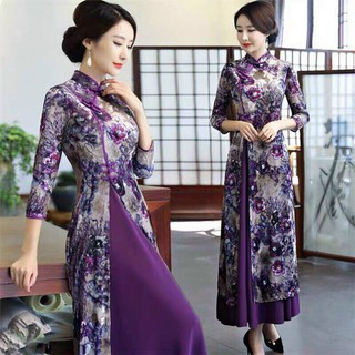 HÀNG NHẬP - ĐẦM NHUNG HOA TÍM PHỐI LỤA CỔ TÀU