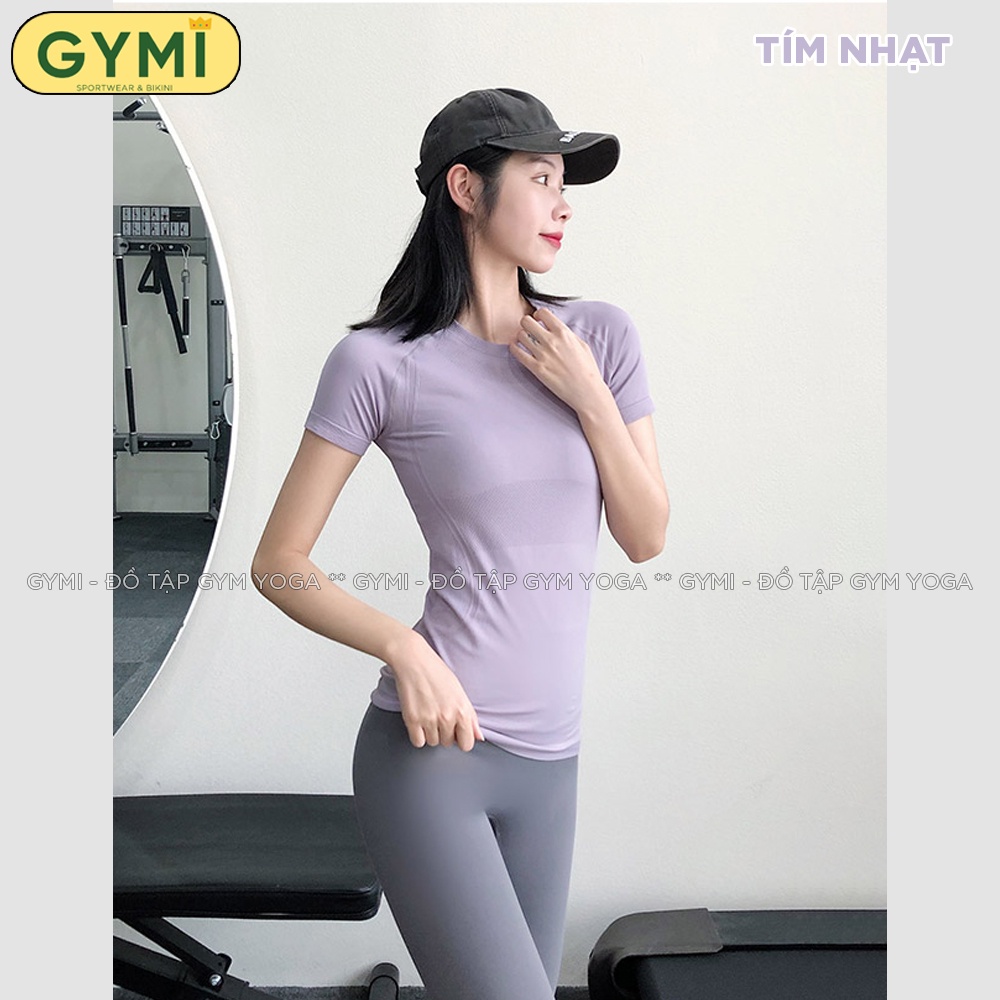 Áo tập gym yoga nữ GYMI AC28 dáng ngắn tay cạp dài phủ bụng chất dệt kim thể thao co giãn thấm hút