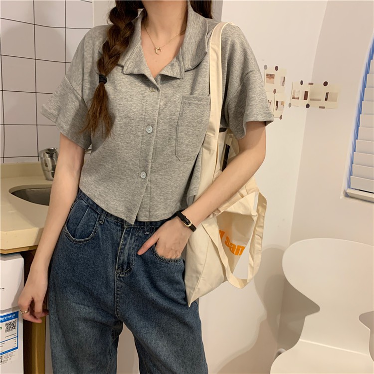 Xiaozhainv Áo sơ mi tay ngắn form rộng phối cổ Polo màu trơn trẻ trung trẻ trung | BigBuy360 - bigbuy360.vn