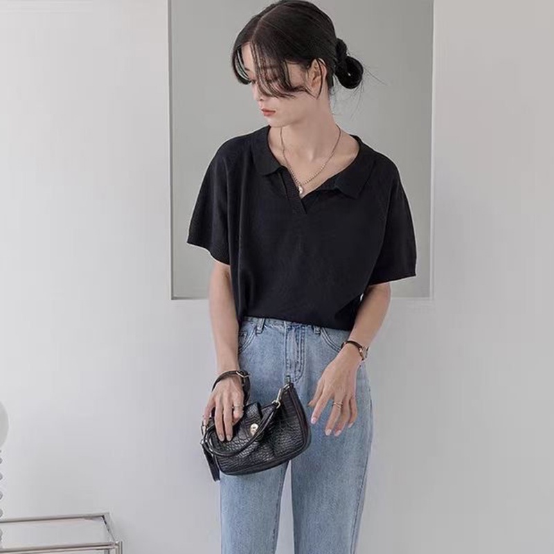 IELGY Áo polo Dệt Kim Mỏng Tay Ngắn Thời Trang Mùa Hè Cho Nữ