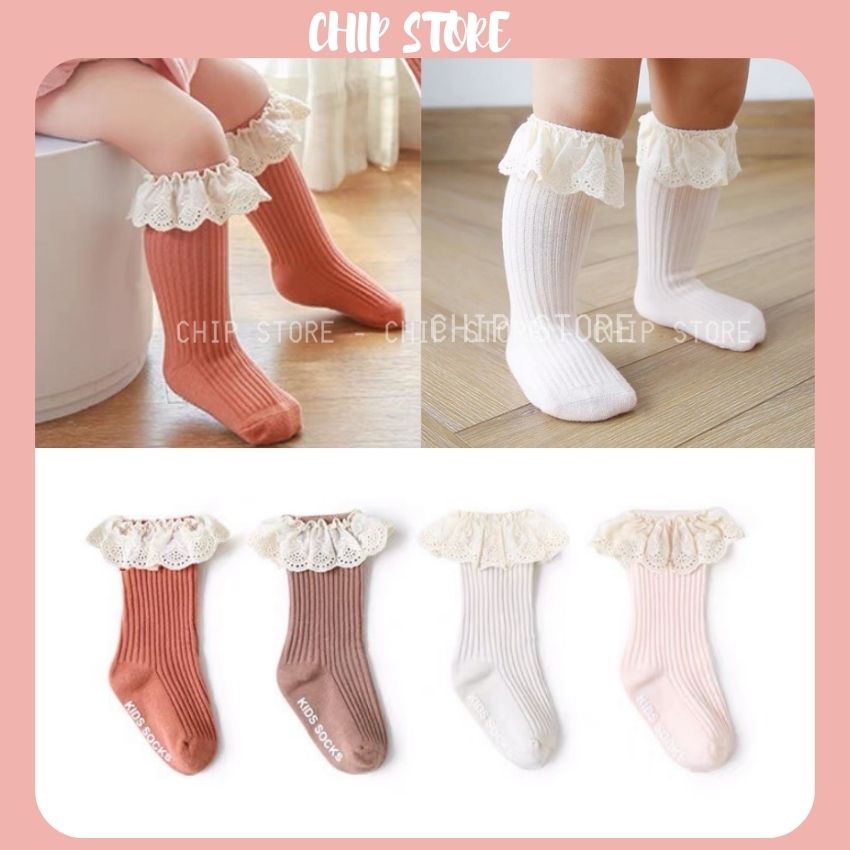 Tất cao cổ cho bé gái 0-3 tuổi chất liệu cotton viền ren cực kỳ xinh xắn CHIP STORE