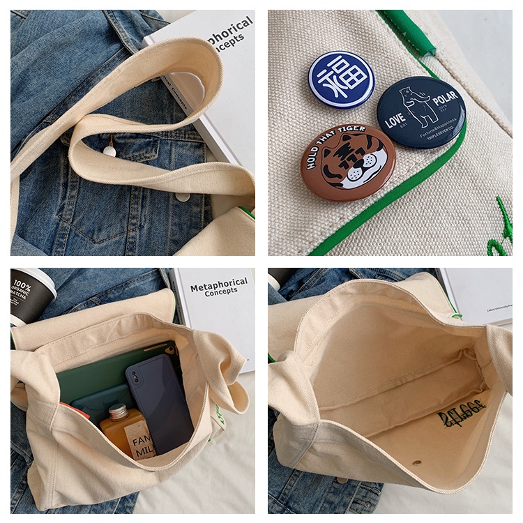 Túi vải canvas PRETTYZYS 2022 thiết kế sức chứa lớn phong cách Hàn Quốc dành cho nữ