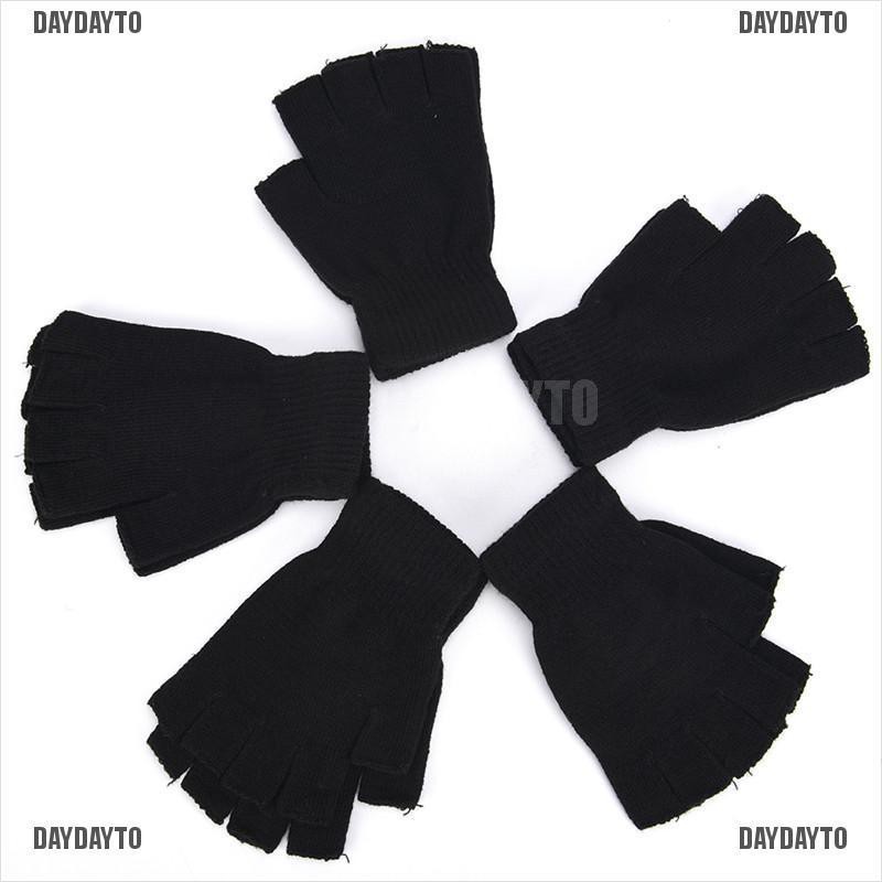 Găng Tay Len Hở Ngón Màu Đen Co Giãn Giữ Ấm Cho Nam