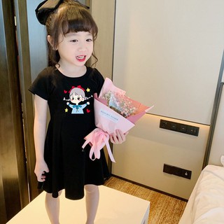 Đầm cotton màu đen họa tiết hoạt hình dễ thương cho bé gái