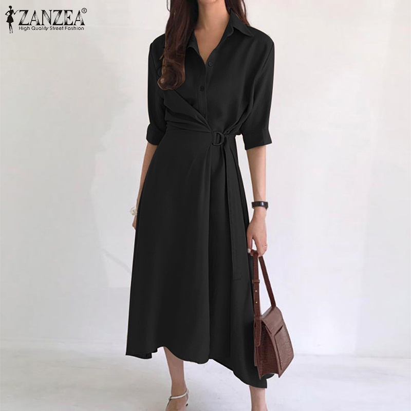 Đầm ZANZEA cổ bẻ ngắn tay thắt dây màu trơn phong cách Hàn Quốc thanh lịch cho nữ