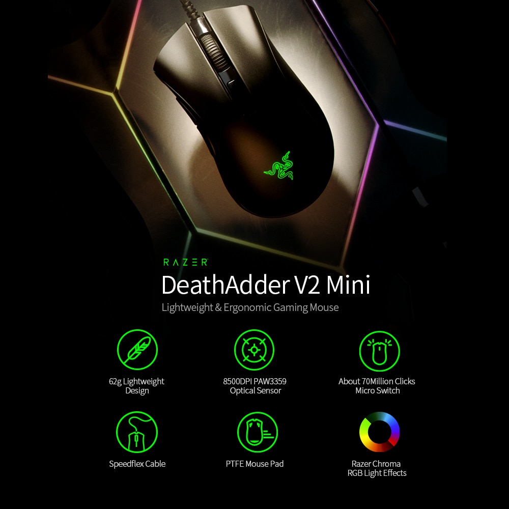 Chuột máy tính có dây Razer DeathAdder V2 MINI 8500DPI cảm biến quang PAW3359 RGB 6 nút bấm tiện lợi dành cho chơi game