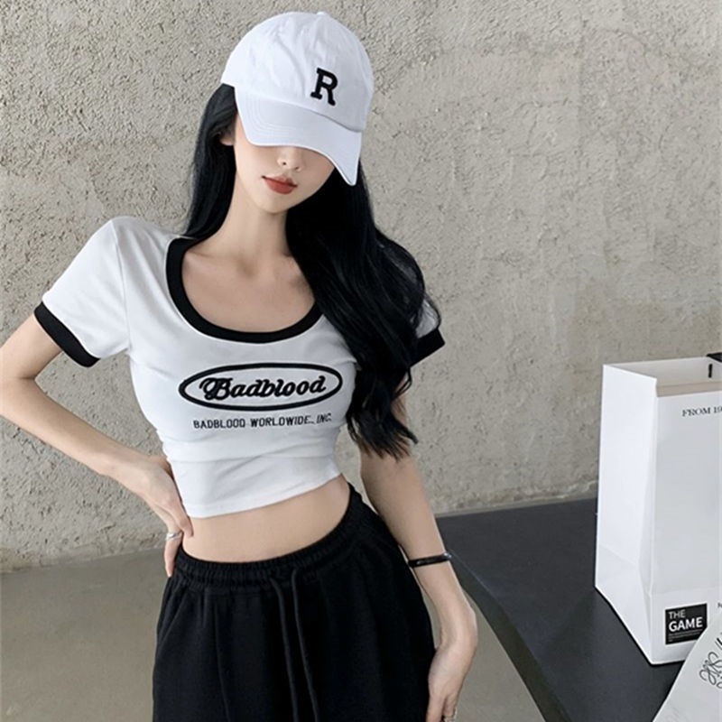 COZOK Set Áo Thun Ngắn Tay In Chữ + Quần Ống Rộng Rách Cá Tính Cho Nữ