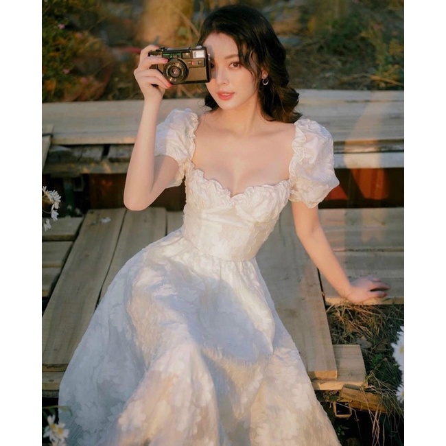 Đầm váy trắng tiểu thư bèo cổ tay phồng voan thêu cao cấp Elena