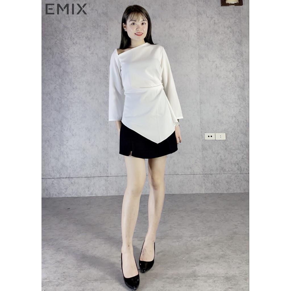 Áo lệch vai vạt chéo EMIX (màu trắng), dài tay, vạt lệch cá tính, chất thun dẻo mềm mịn, ôm eo tôn dáng a69