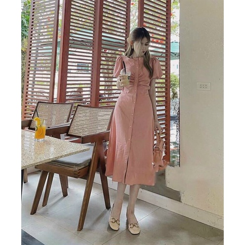 Đầm nữ tiểu thư vintge, đầm sơ mi hồng tay búp rúm ngực xẻ tà siêu xinh, váy tay phồng dáng dài đi tiệc sang chảnh