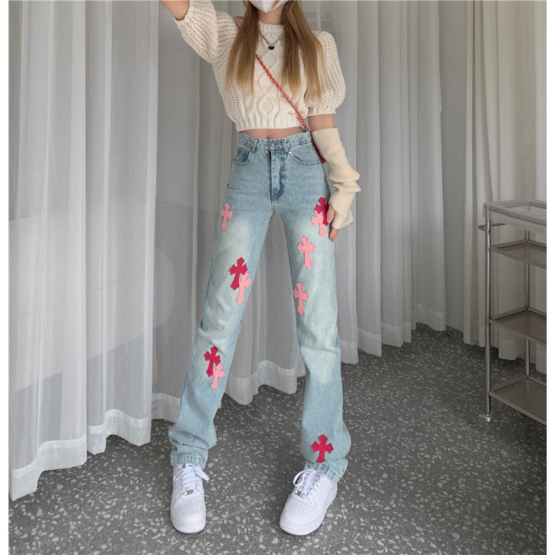 Quần jean dài ống rộng suông lưng cao phong cách xuân hè thời trang cho nữ