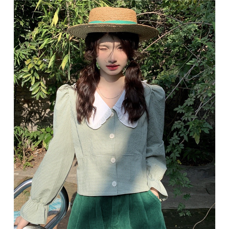 Áo Kiểu Tay Phồng Cổ Búp Bê Họa Tiết Sọc Caro Phong Cách Retro
