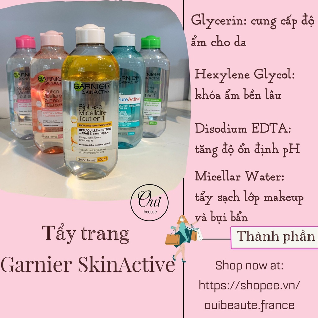 Nước tẩy trang Garnier SkinActive, Nước làm sạch sâu dành cho mọi loại da 400ml Ouibeaute