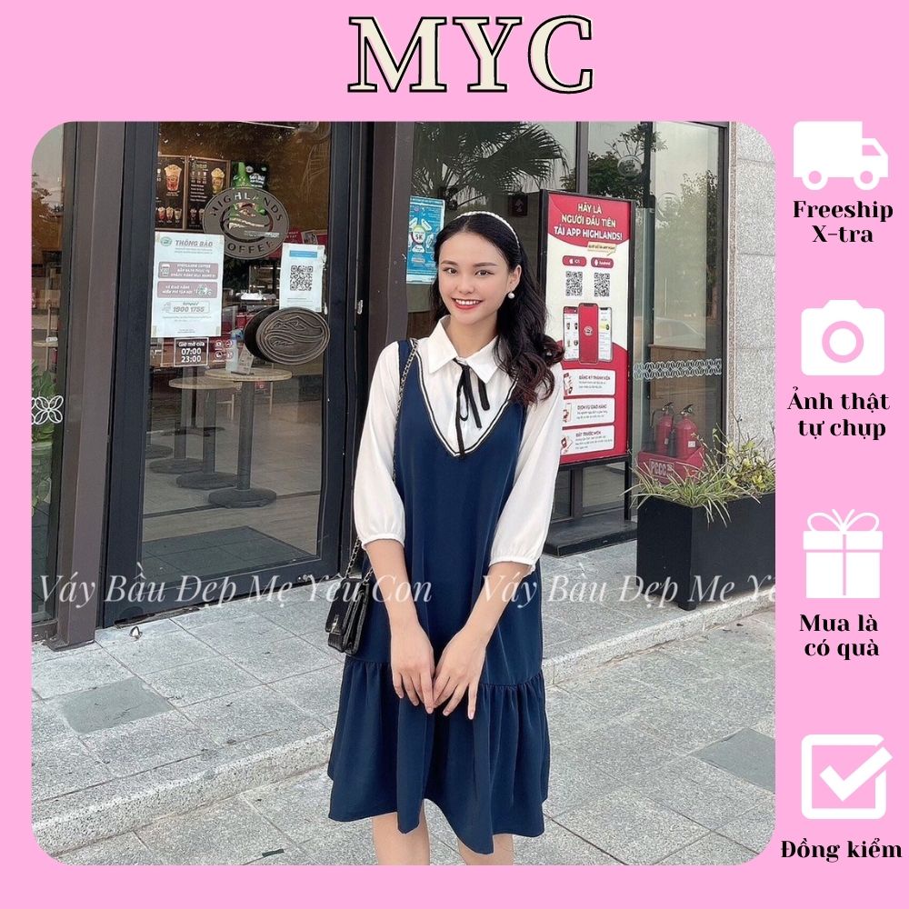 Đầm bầu công sở Váy bầu đẹp xanh than phối trắng cổ đức MYC 1257