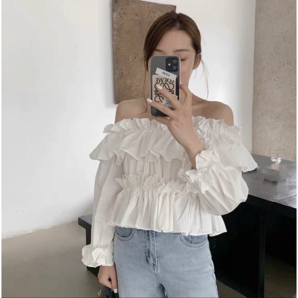 [Ảnh thật/Sẵn] Áo croptop trễ vai viền bèo dài tay ulzzang
