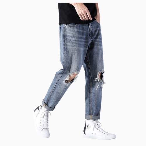 Quần jeans baggy nam dáng dài ống suông rộng màu xanh nhạt wash rách gối cá tính RT2 - GenZ Store HN