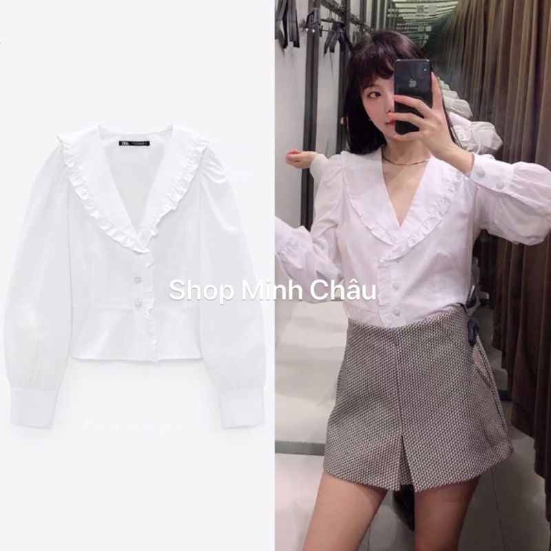 (Sẵn) Áo sơ mi trắng khuy đính ngọc Zaraaaa dư sịn