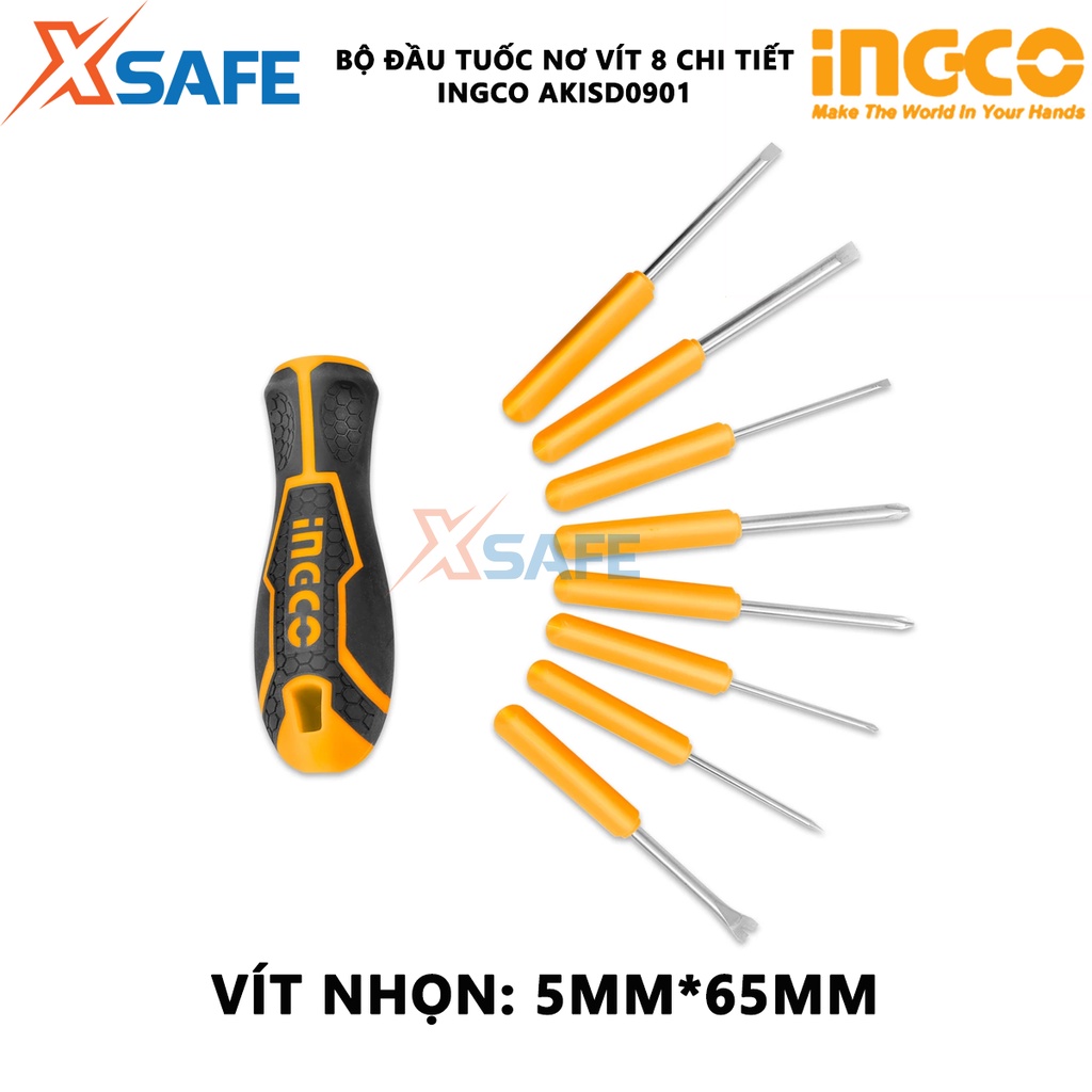 Bộ 9 tua vít đa năng INGCO AKISD0901 Bộ tuốc nơ vít thép CR-V đầu vít khỏe, cứng cáp, tay cầm có thể hoán đổi