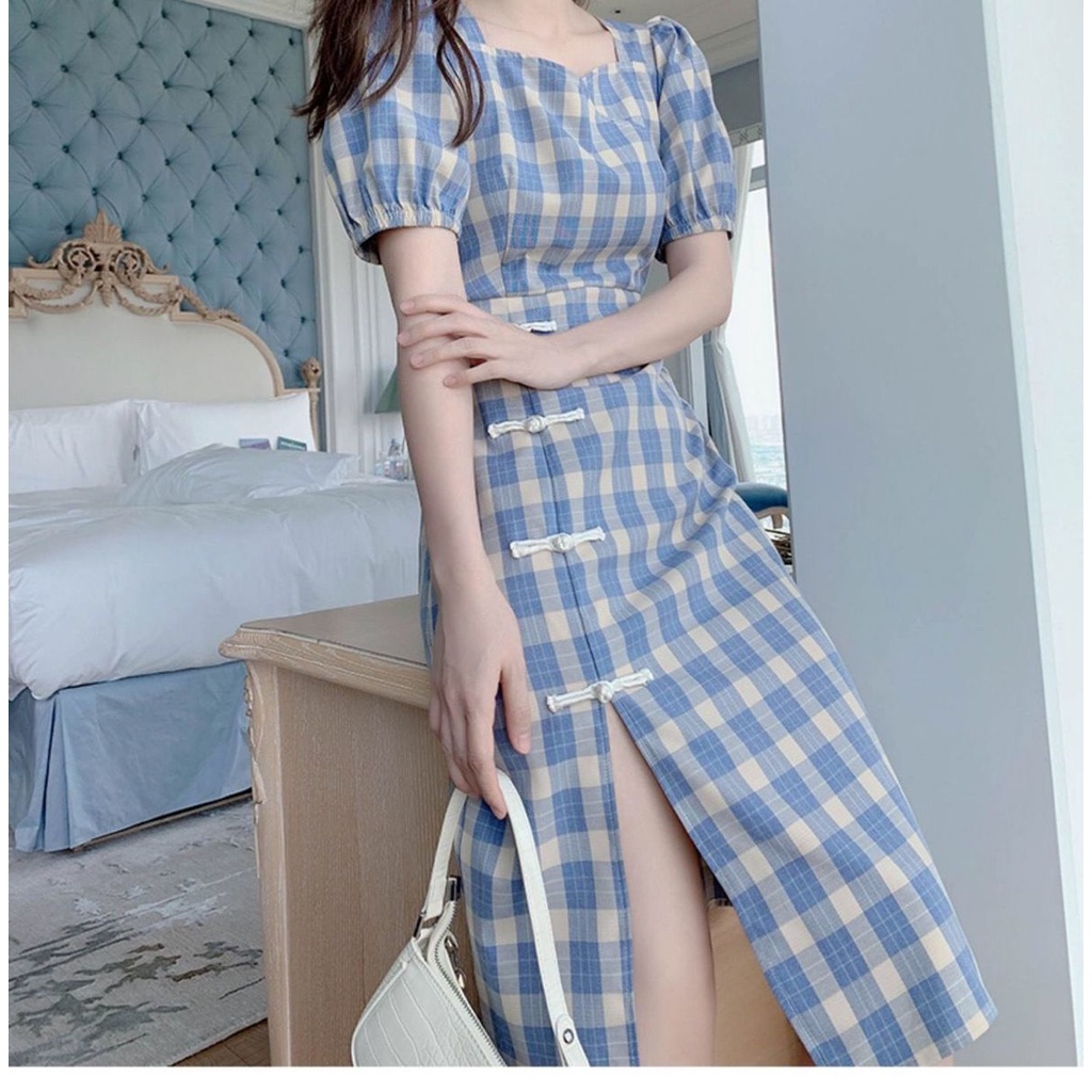 Đầm sườn xám chiều dài vừa phải ôm eo vừa vặn kẻ sọc caro xanh lam retro mới mùa hè