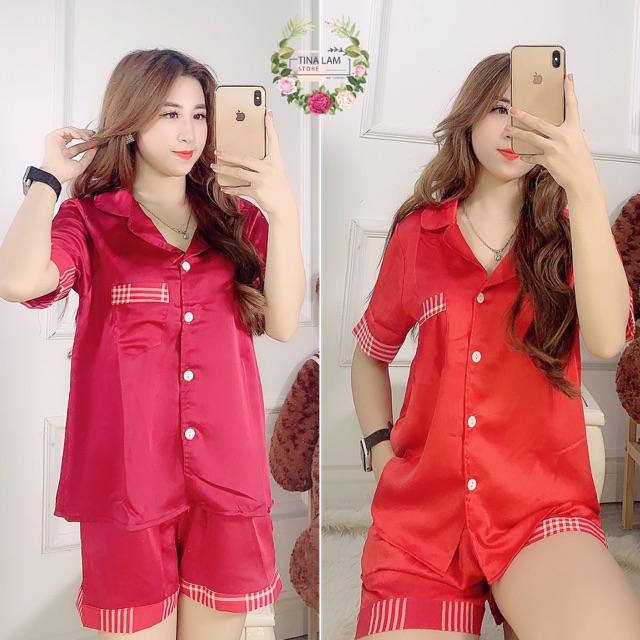 Đồ Bộ Pijama Nữ 💓𝐅𝐑𝐄𝐄𝐒𝐇𝐈𝐏💓 Đồ Bộ Nữ Mặc Nhà Phối Viền Quần Sort Tay Ngắn, Chất Lụa Satin Không Nhăn Form<60kg