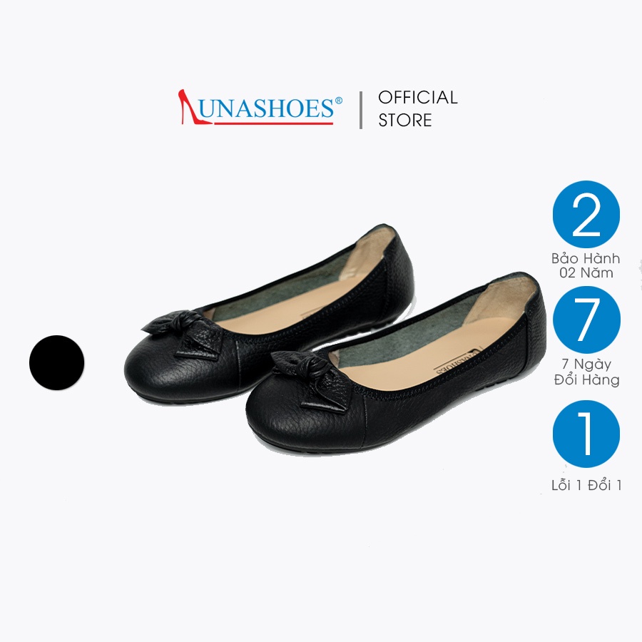 Giày bệt nữ mũi tròn da bò thật Lunashoes 1512 giầy đế bằng có nơ cao cấp dễ đi màu đen