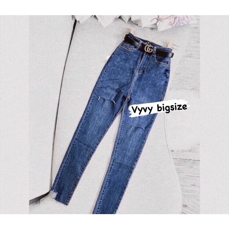 [Bigsize 32-36] Quần Dài Jean Xanh Đậm Rách Chéo Góc Lai - Jean Co Giãn Lưng Cao Trên Rốn