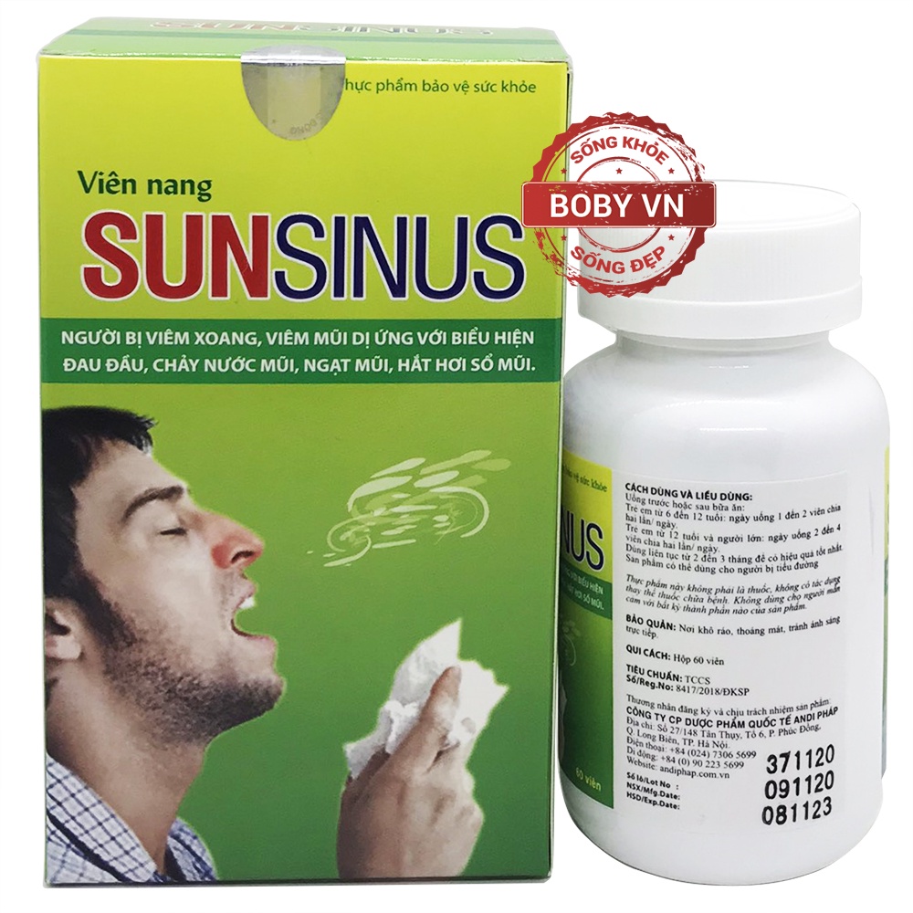 Sunsinus - Hỗ trợ làm giảm các triệu chứng viêm xoang, viêm mũi dị ứng với biểu hiện đau đầu, chảy nước mũi, ngạt mũi