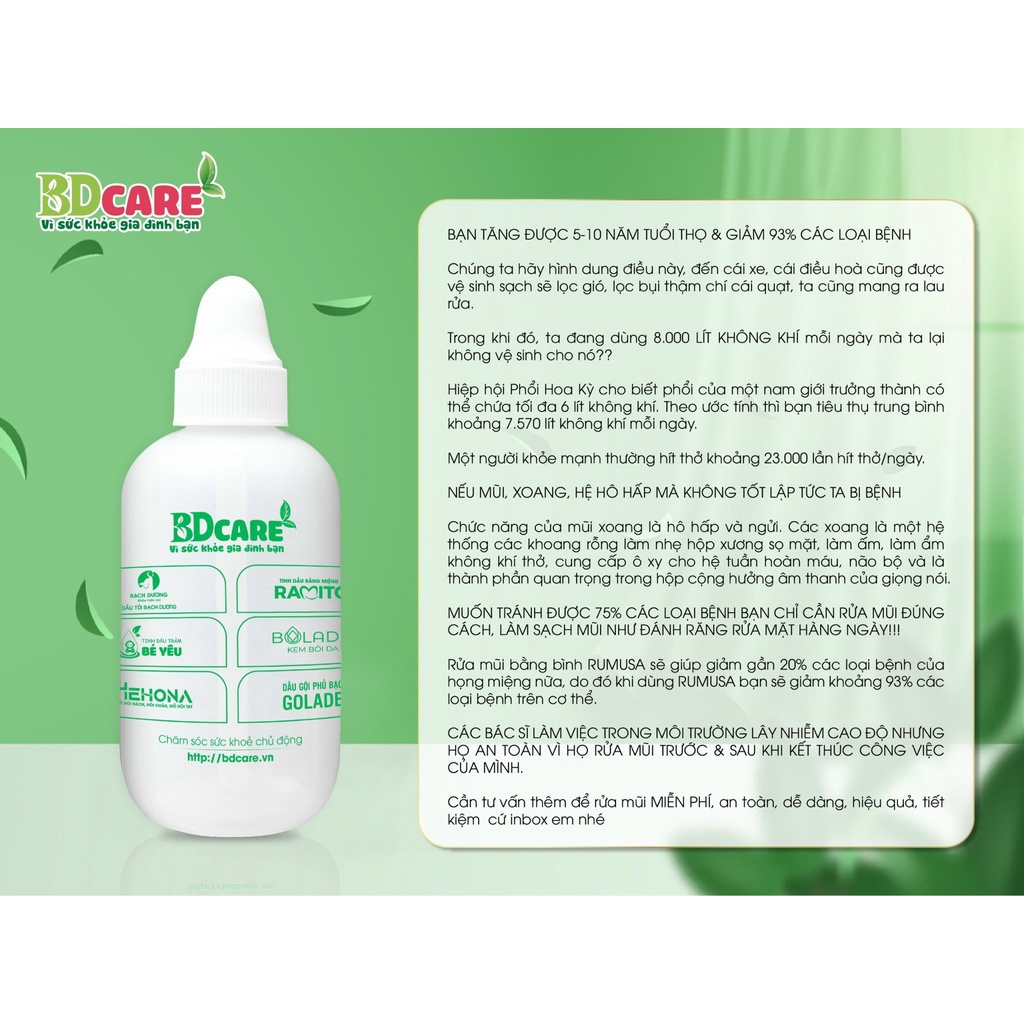 Bình Rửa Mũi Xoang RAMUSA 180ml - BDcare- Giúp Làm Sạch Khoang Mũi, Loại Bỏ Bụi Bẩn, Hô Hấp Khỏe Mạn
