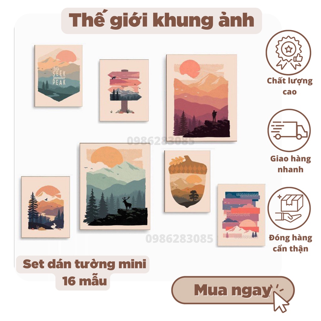 Set 7 tranh dán tường mini TGKA, dày 5mm tranh decor, sticker có sẵn băng keo 2 mặt