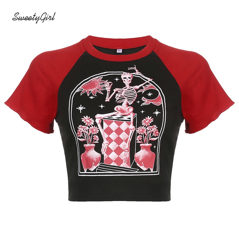 Áo Thun Dáng Ôm Tay Ngắn In Hình Đầu Lâu 2022 Thời Trang Cho Nữ