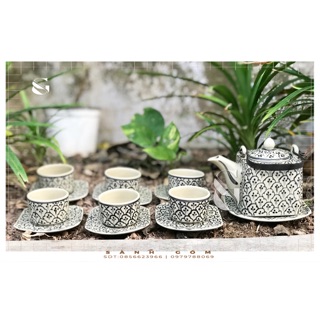 Ấm chén uống trà - Set ấm vuông vẽ hoa bèo vẽ tay 100%