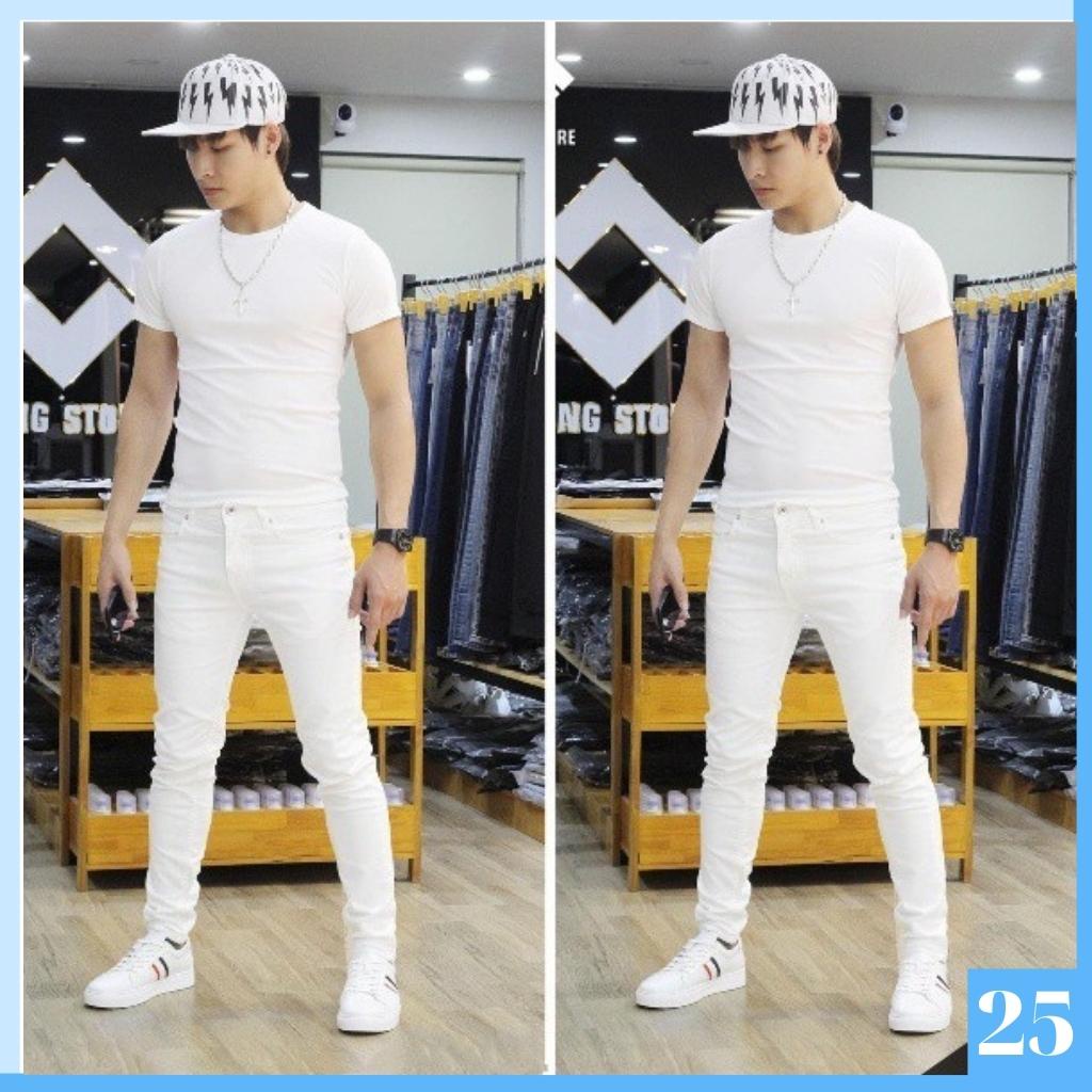 Quần jean nam xanh trắng không rách gối chất bò cao cấp co dãn 4 chiều đẹp from dáng rin skinny YuMy JM338