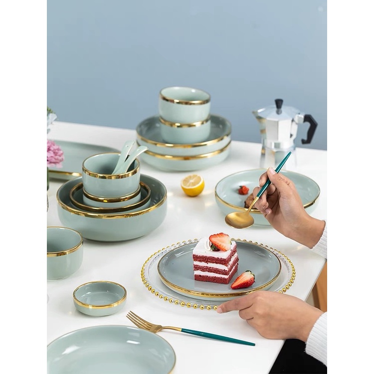 Bộ chén đĩa sứ xanh mint viền vàng phong cách bắc âu
