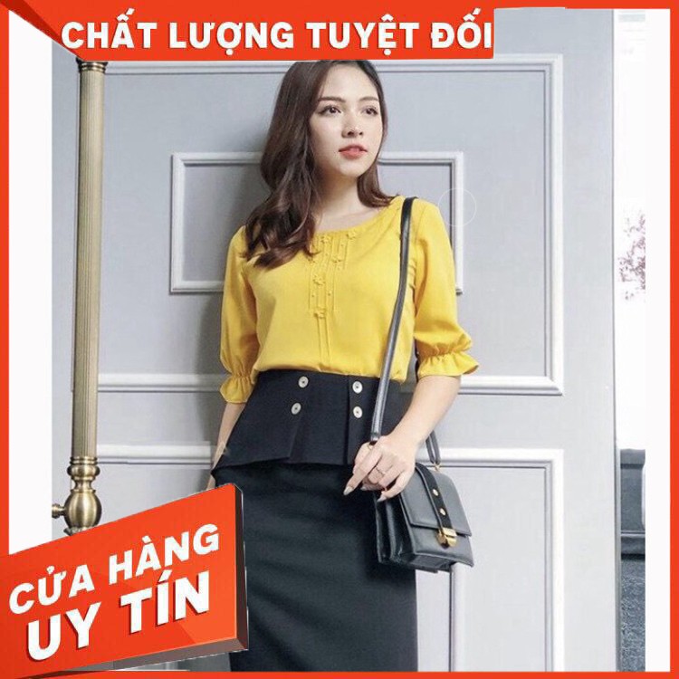 Chân Váy Bút Chì, Chân Váy Peplum, Phong Cách Công Sở, Khuy Gỗ, Chất Vải Tuýt-Si Hàn Loại Cao Cấp - Hàng nhập khẩu