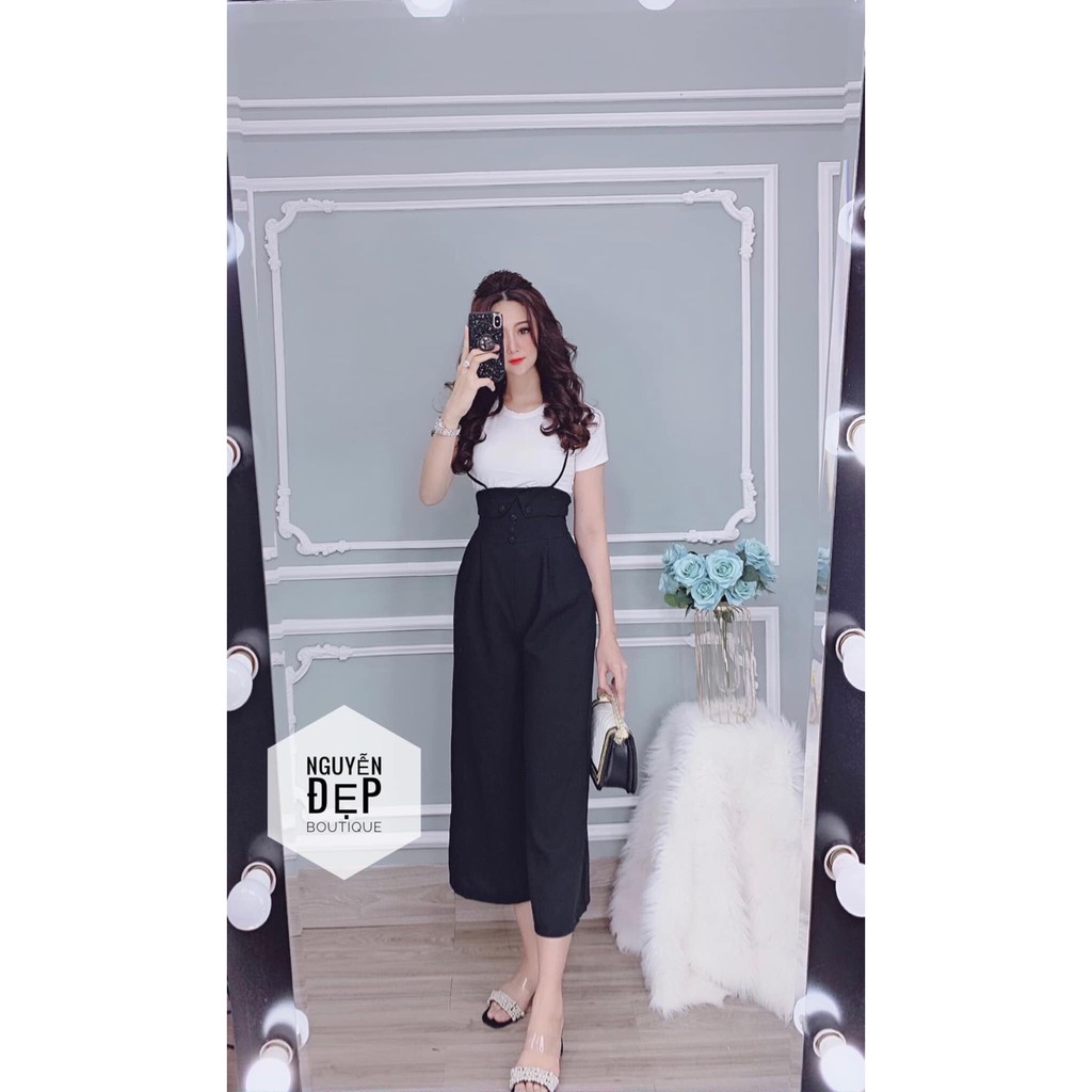 Sét Áo Thun Tay Ngắn Phối Quần Yếm Dài Ống Rộng Sang Trọng TTS1052
